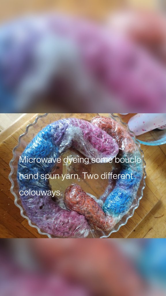 Microwave dyeing some boucle hand spun yarn. Two different colouways.